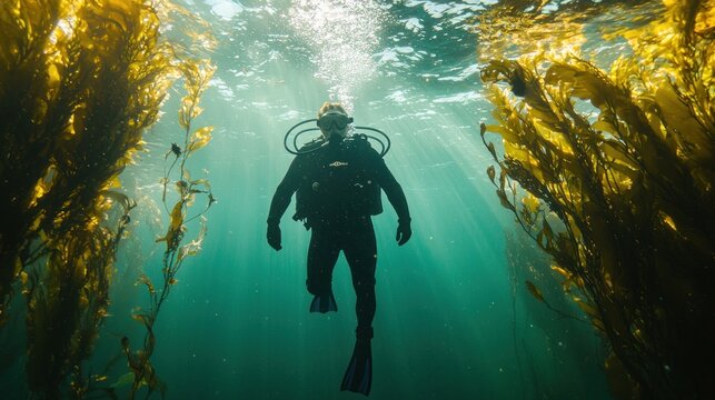 Scuba diver explores vibrant kelp forest underwater, sunlight beams illuminating scene.