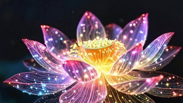 Ethereal glowing lotus flower with translucent petals illuminated by colorful lights on a dark background