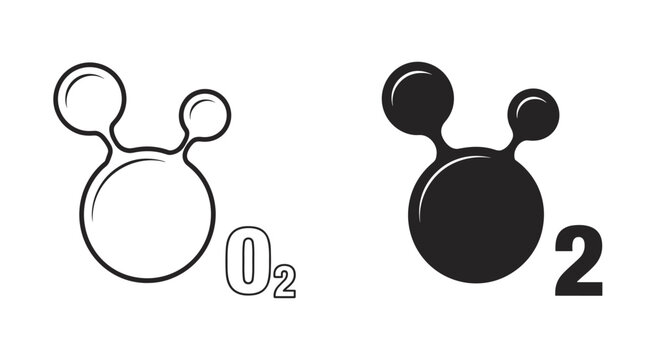Oxygen Molecule Icon: Two simple vector icons depicting the molecular structure of oxygen (O2), presented in both outline and solid fill styles.