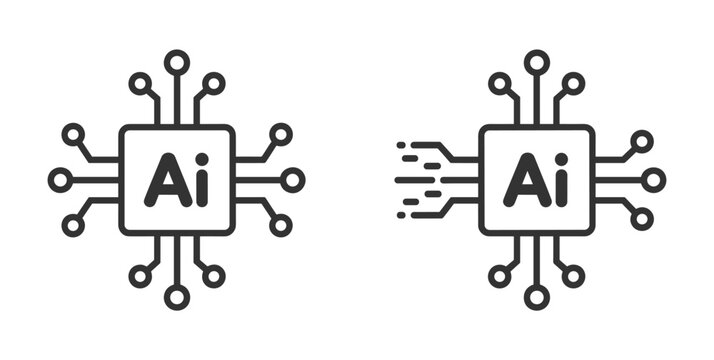 AI Chip Iconography: Two simplified representations of artificial intelligence microprocessors, one static and one dynamic with data streams, symbolize the core of modern technology and computing.