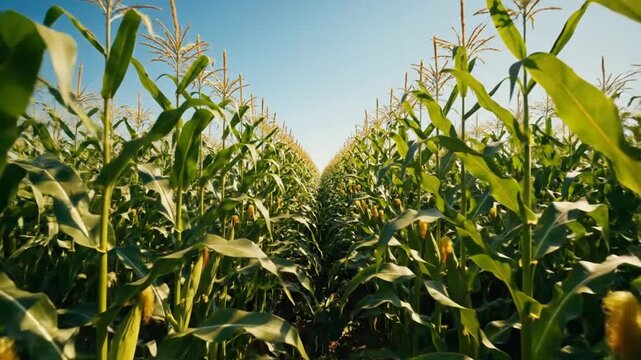 Low angle view of rows of healthy corn stalks in bright sunlight against a clear blue sky