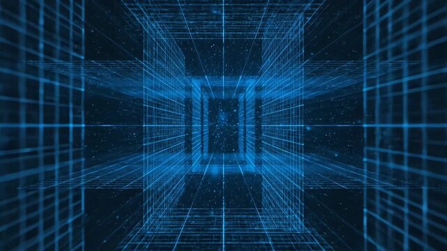 Abstract glowing blue wireframe grid tunnel receding into vanishing point on dark backdrop