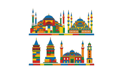 Obraz premium Colorful pixel art icons of famous Turkish mosque buildings.