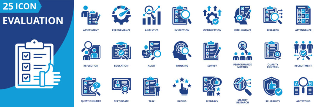 evaluation icon set contains ab testing, analytics, assessment, attendance, audit, control, education, feedback, inspection, intelligence, market, metrics, optimization, performance, and quality