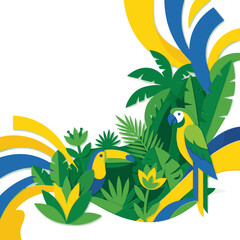 Obraz premium Two toucans and a parrot amidst tropical foliage and abstract shapes