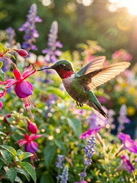 Ruby throated hummingbird feeding on fuchsia flowers in a garden.