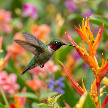 Ruby throated hummingbird feeding on nectar from a tropical flower.