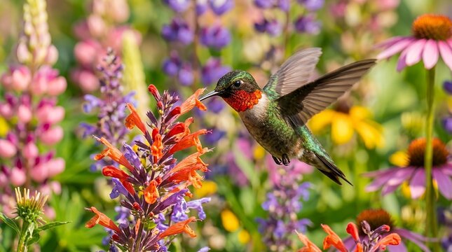 Ruby throated hummingbird feeding on nectar from colorful wildflowers in a garden.