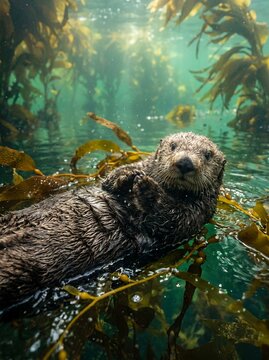 Sea Otter Floating Amongst Kelp Forest Underwater.