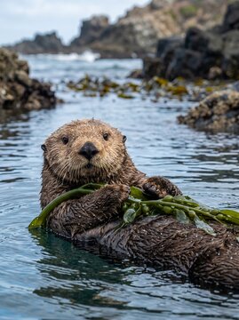 Sea Otter Floating on Back Holding Kelp in Ocean Water.