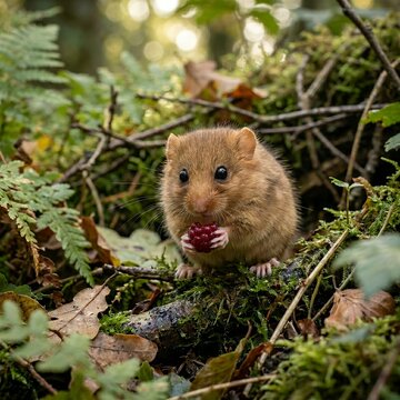 Small Dormouse Eating a Red Berry in a Lush Forest.