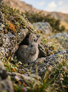 Small rabbit peeking out from a rocky burrow in a mountain landscape.
