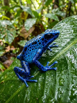 Vibrant Blue Poison Dart Frog Resting on a Large Green Leaf in a Lush Rainforest.
