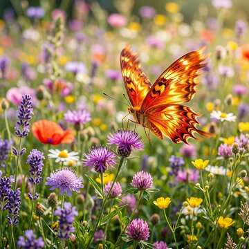 Vibrant Butterfly Resting on a Field of Wildflowers in Sunlight.