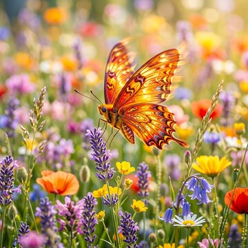 Vibrant Butterfly Resting on Wildflowers in a Sunny Meadow.