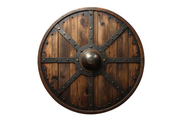 Fototapeta premium Round wooden viking shield with iron boss and studs, ancient defensive war weapon on transparent background