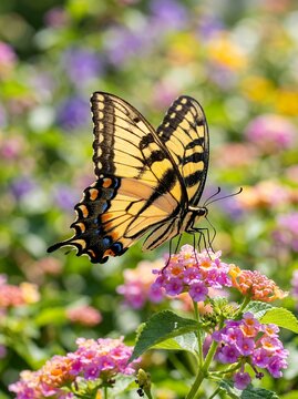 Yellow Tiger Swallowtail Butterfly on Pink Lantana Flowers in Garden.
