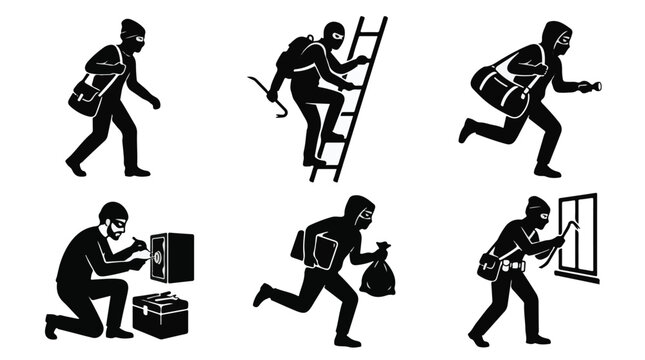Silhouette of a burglar running with a bag

