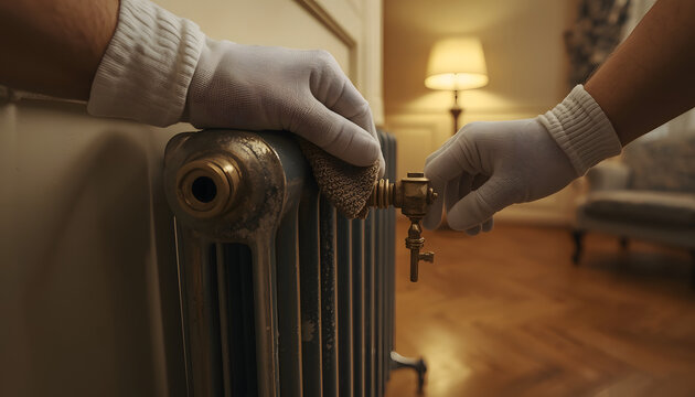 Hands in gloves adjusting old radiator valve in living room