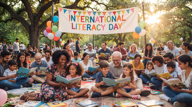 Diverse group of children and adults sitting on blankets in a park, reading books together under a banner celebrating International Literacy Day.