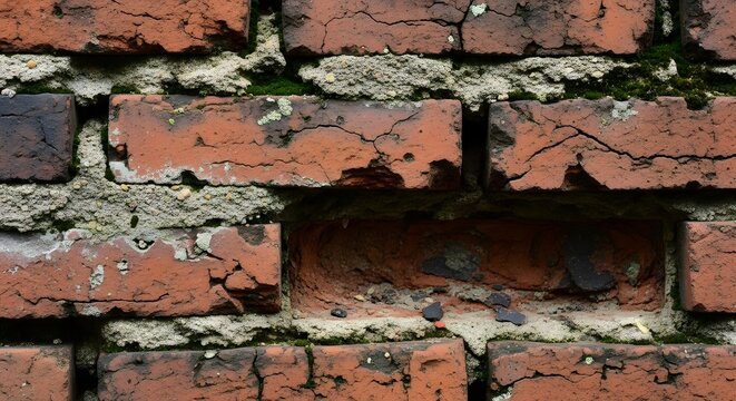 Weathered red brick wall texture featuring aged masonry construction with visible mortar and imperfections showcasing a rustic architectural facade with signs of natural decay and organic growth