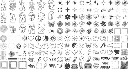 Fototapeta premium Trendy y2k aesthetic line art collection faces flowers stars and nostalgic 90s elements for graphic design