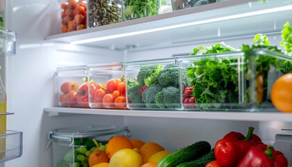 Modern refrigerator interior with organized fresh vegetables and fruits © Lovita