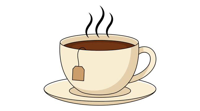 Teacup containing hot herbal beverage rests on a white saucer with a tea bag tag hanging over the side.