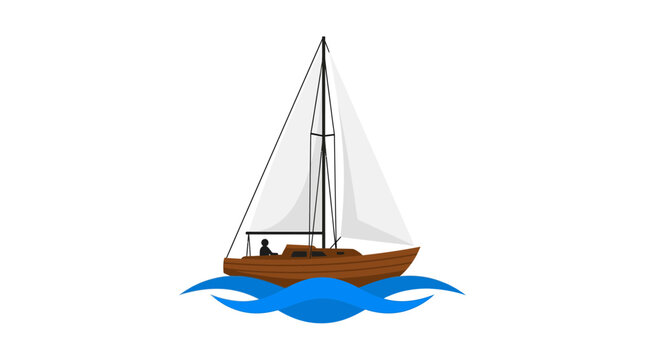 Sailboat with a captain on deck navigates through calm blue waters in a clean vector illustration.