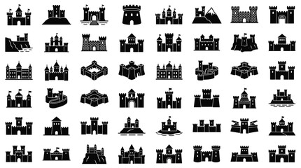 Comprehensive collection of 48 black silhouette medieval castle and fortress icons on a white background, featuring various architectural styles, towers, defensive walls, and layouts. © Saida Nahdhoh