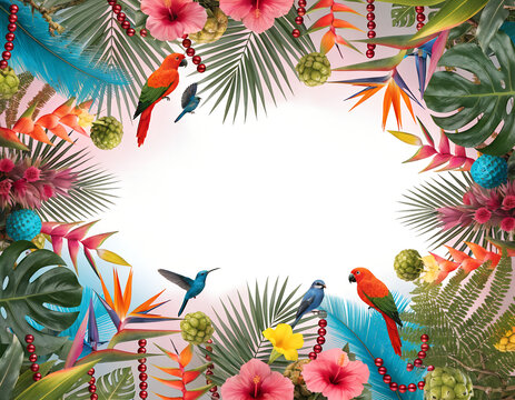 Premium tropical frame illustration featuring a large empty white center area, only the outer edges decorated with exotic colorful plants, palm leaves, tropical flowers, parrots, and jungle-inspired.