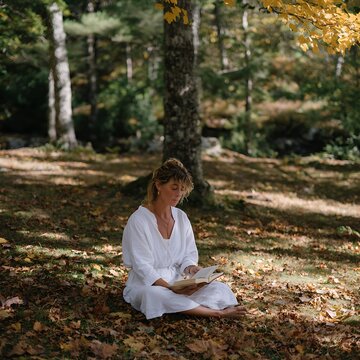 Woman Reading Book in Serene Autumn Forest Scene