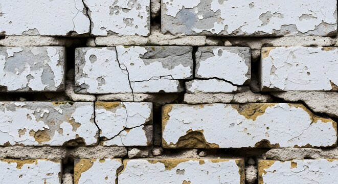A detailed image showcasing a weathered white brick wall with chipped paint, cracks, and irregularities, highlighting textures and imperfections in the surface of old masonry work