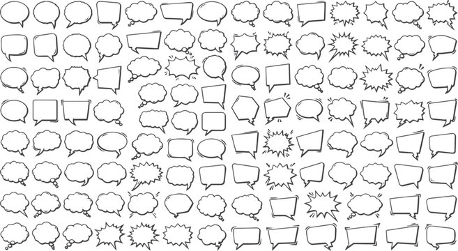 Hand drawn speech bubble collection diverse comic book dialogue boxes and thought bubbles for creative projects