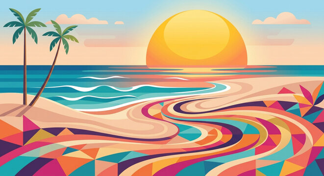 Vibrant beach, colorful sunset, tropical wave, abstract vector illustration