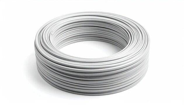 A coil of white, electrical cabling neatly wound, set against a pristine white backdrop