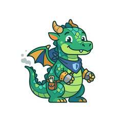 Fototapeta premium A cartoon green dragon with orange horns.