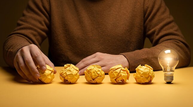 Male hands arrange crumpled paper balls leading to glowing lightbulb symbolizing iterative brainstorming process and achieving creative solutions