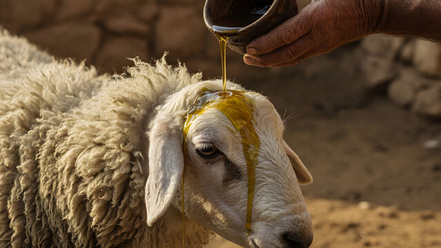 Sacred Anointing: A close-up shot captures a hand pouring a golden liquid over the head of a sheep, symbolizing a ritualistic or spiritual act.