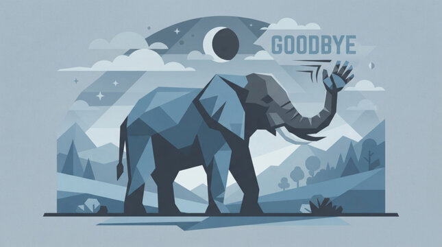 Geometric blue elephant waving goodbye in a stylized landscape under a crescent moon and starry sky with a flat vector art aesthetic with silhouette waving hand