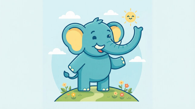 A cheerful blue elephant standing on a grassy hill waving its trunk under a smiling sun in a vibrant and friendly cartoon illustration design