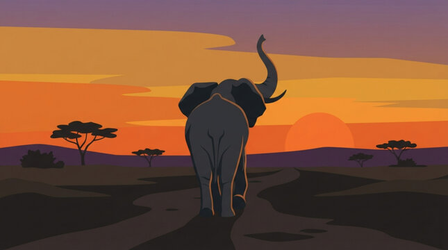 A majestic elephant walks across the expansive savanna landscape towards a vibrant sunset in this artistic minimalist vector illustration design