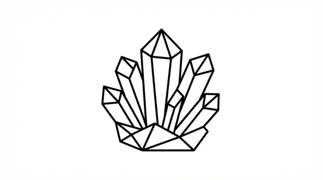 Minimalist black and white geometric crystal cluster illustration for modern graphic design projects with line art illustration, clean minimalist
