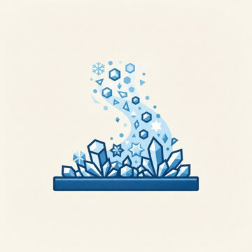 Stylized vector illustration featuring floating geometric ice crystals and snowflakes rising from a solid blue base against a soft off white background