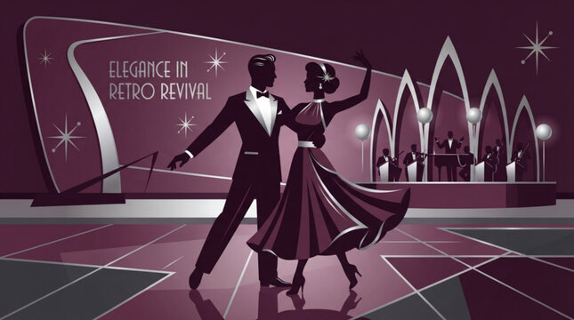 Elegant couple dancing on a retro ballroom stage with big band orchestra in the background featuring mid century modern geometric art style decor