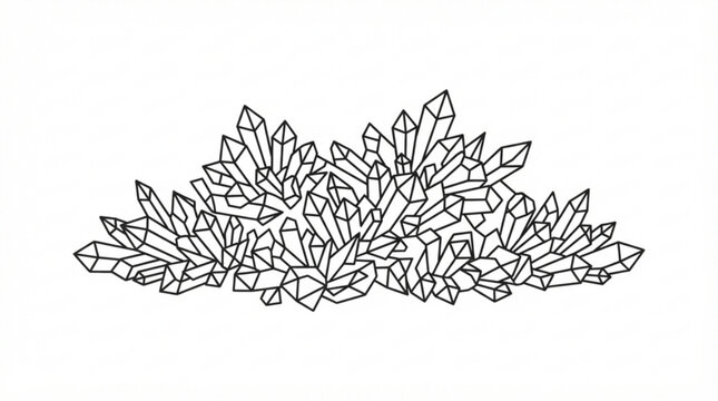Minimalist geometric crystal cluster illustration featuring sharp angular facets and clean black outlines isolated on a solid white background