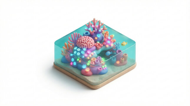 Isometric digital art of a miniature glowing coral reef ecosystem encased in a transparent crystal cube