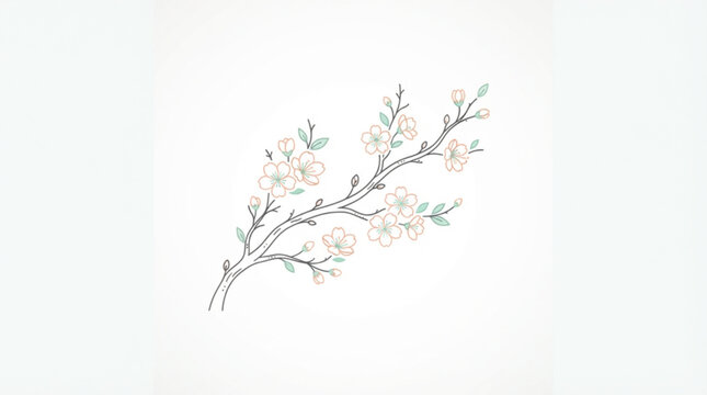 Minimalist hand drawn cherry blossom branch illustration with soft pastel flower petals and green leaves isolated on a clean white background