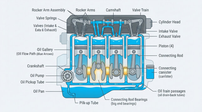 Technical diagram illustrating internal lubrication and mechanical components of a four cylinder automotive engine cross sectional view design
