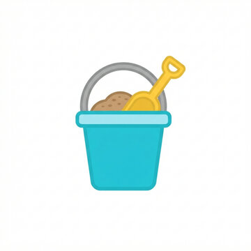 Flat vector illustration of a vibrant blue plastic bucket filled with sand and a yellow shovel isolated on a clean white background for summer designs